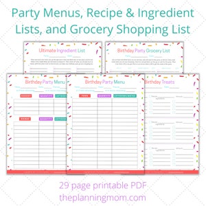 May include: Printable party planning checklist with colorful confetti borders. The checklist includes sections for ultimate ingredient list, birthday party grocery list, birthday party menu, and birthday treats. The checklist includes sections for party details, food, drinks, desserts, and treats. The checklist also includes sections for quantity and leftovers.