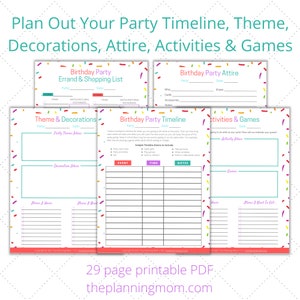 May include: A printable PDF planner with colorful confetti borders for planning a birthday party. The planner includes sections for a shopping list, party theme and decorations, a timeline, attire, activities and games.