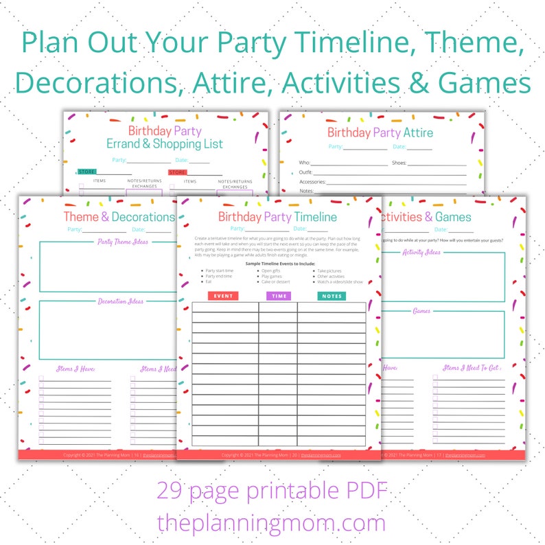 May include: A printable PDF planner with colorful confetti borders for planning a birthday party. The planner includes sections for a shopping list, party theme and decorations, a timeline, attire, activities and games.