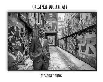 Digital Wall Art, Organized Chaos, Surreal Black and White Urban Alleyway Grunge Photography Background Digital Download Stylish Room Decor