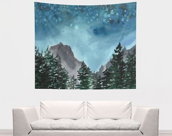 Tapiz de cielo nocturno, arte de pared de cielo azul, regalo para parejas al aire libre, decoración inspirada en la naturaleza, regalo de cumpleaños para hijo, tapiz oscuro, árboles, bosque, cielo