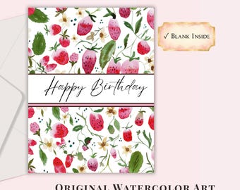 Cute Strawberry Birthday Card for Her | Happy Birthday Greeting Card | Original Watercolor | Blank Inside | Berry Sweet Card