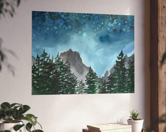 Starry Mountain Forest Fine Art Poster | Night Sky Watercolor Print | Bedroom Decor | Birthday Gift for Outdoor Lover