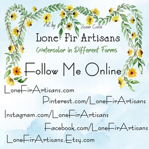 Puede incluir: Un dise&ntilde;o de acuarela con el texto "Lone Fir Artisans" y "Watercolor in Different Forms". La imagen incluye enlaces a redes sociales y el texto "Follow Me Online". Acentos florales enmarcan el texto.