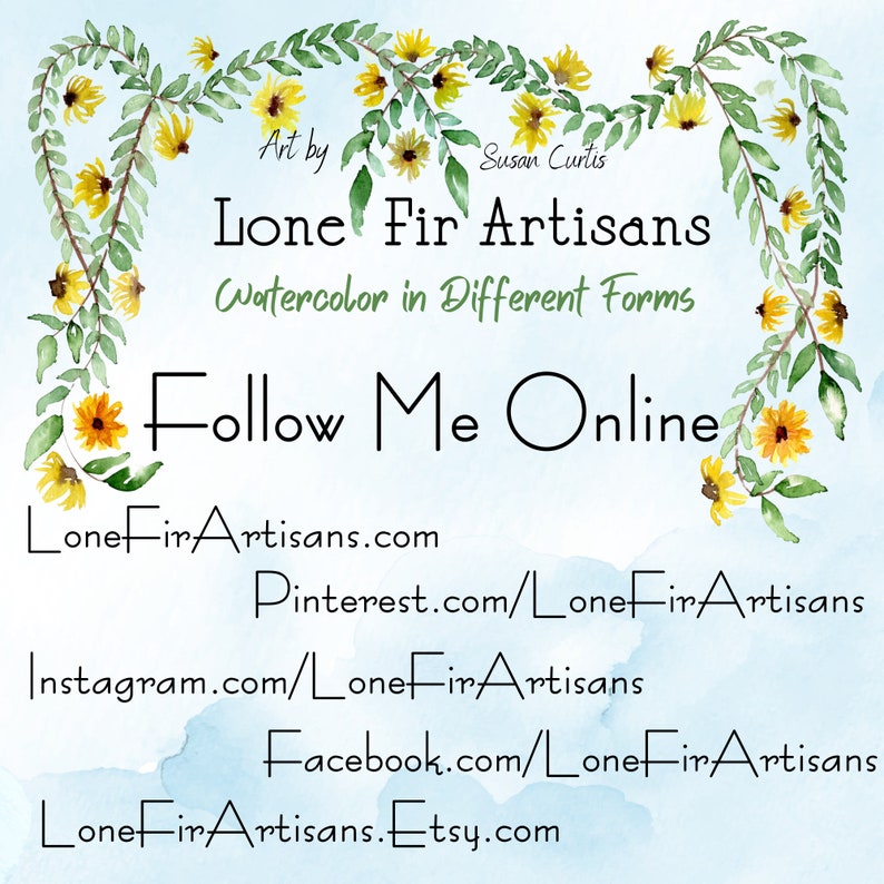 Puede incluir: Un dise&ntilde;o de acuarela con el texto "Lone Fir Artisans" y "Watercolor in Different Forms". La imagen incluye enlaces a redes sociales y el texto "Follow Me Online". Acentos florales enmarcan el texto.