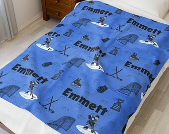 Personalized Hockey Blanket for Kids–Custom Name Sports Throw–Hockey Player Gift for Boys–Cozy Custom Blanket–Sports Bedroom Décor
