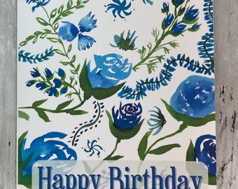 Blue Flowers Painting Birthday Card, Flower Lover Birthday Card for Friend, Botanical Birthday Card, Floral Birthday Card, Watercolor Blank