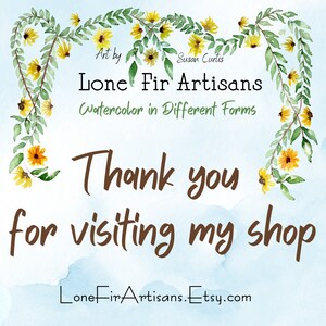 Puede incluir: Un dise&ntilde;o de acuarela con un fondo azul claro y detalles florales. El texto dice "Lone Fir Artisans" y "Watercolor in Different Forms". Tambi&eacute;n se muestran las palabras "Thank you for visiting my shop". Se incluye la URL de la tienda Etsy.
