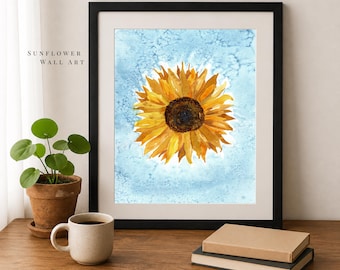 Sunflower Wall Art Print, Watercolor Sunflower Decor, Botanical Flower Artwork, Nature Inspired Gift for Mom, Yellow Floral Home Decor