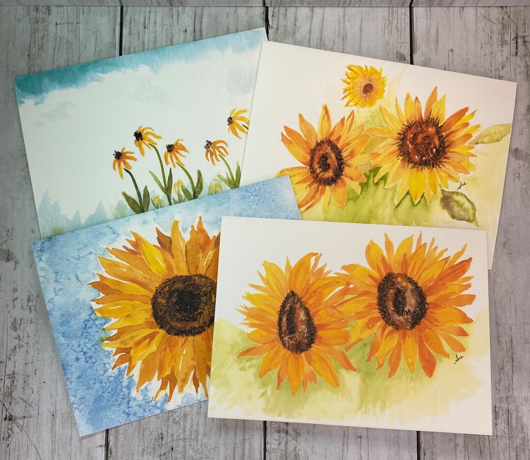 Sunflower Cards Set of 4, Blank Greeting Cards With Envelopes, Penpal ...
