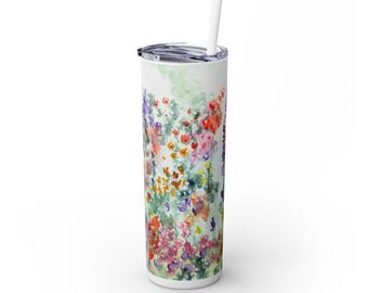 Vaso delgado con diseño floral de acuarela, 593 ml: bebida colorida para primavera, ecológica, regalo para amantes de la jardinería, café, té y verano.