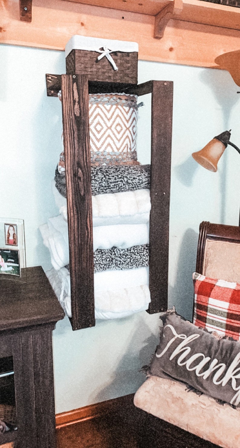 Blanket shelf wall rack made with reclaimed wood. Sturdy and Etsy