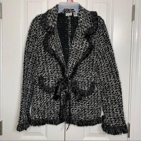 Newport News Black White Frill Ribbon Wrap Vintage Jacket