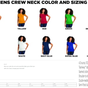May include: Women's crew neck t-shirt sizing chart with color options: black, yellow, red, green, desert pink, white, navy blue, royal blue, and heather grey. The chart includes bust measurements in inches for sizes XS to 3XL.