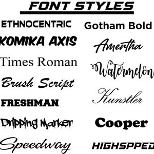 May include: A collection of different font styles displayed in black text on a white background. The font styles include: Ethnocentric, Gotham Bold, Komika Axis, Amentha, Times Roman, Watermelon, Brush Script, Kunstler, Freshman, Dripping Marker, Cooper, Speedway, and HIGHSPPED.
