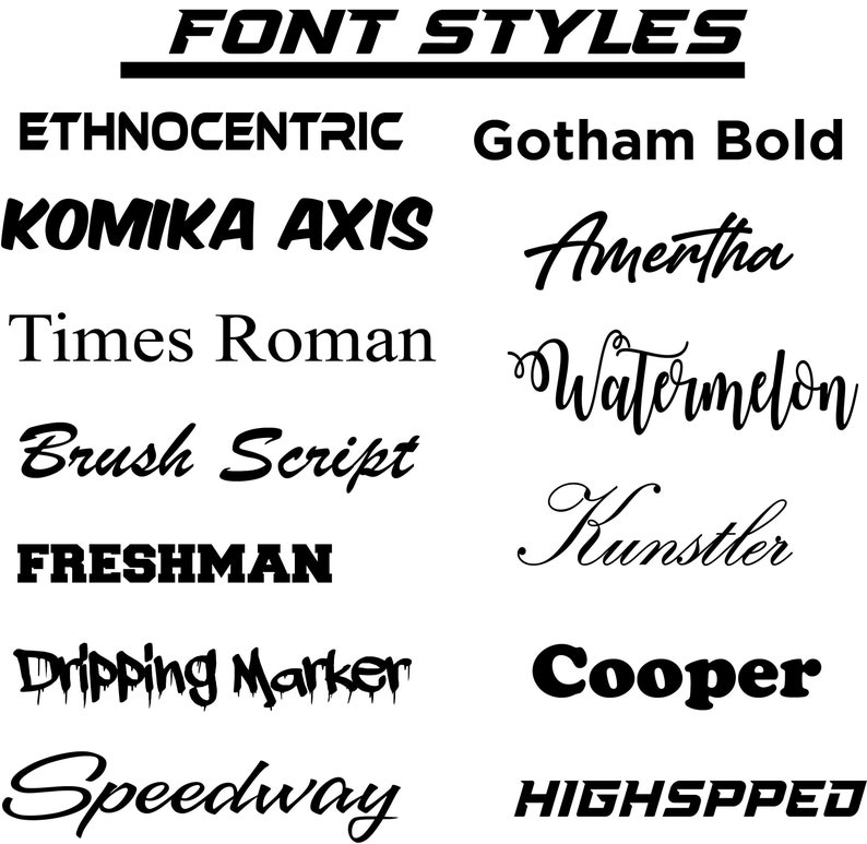 May include: A collection of different font styles displayed in black text on a white background. The font styles include: Ethnocentric, Gotham Bold, Komika Axis, Amentha, Times Roman, Watermelon, Brush Script, Kunstler, Freshman, Dripping Marker, Cooper, Speedway, and HIGHSPPED.
