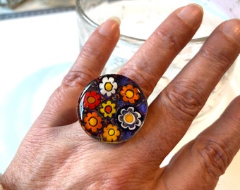 Grosse bague fantaisie réglable en mosaïque de verre Murano, bijou mosaïque fait main en France, idée cadeau femme Noël amie anniversaire