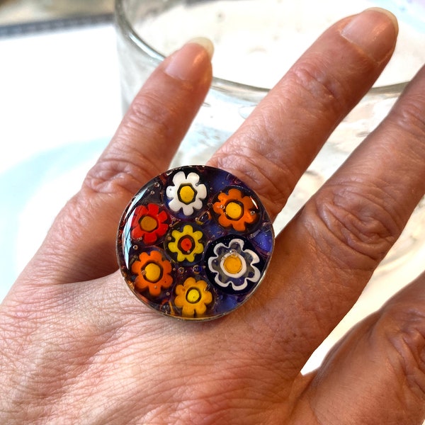 Grosse bague fantaisie réglable en mosaïque de verre Murano, bijou mosaïque fait main en France, idée cadeau femme Noël amie anniversaire