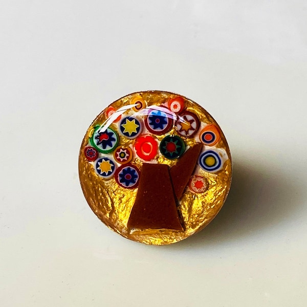 Grosse bague arbre de vie en mosaïque Klimt, bijou mosaïque  de verre, bague fantaisie ronde réglable, idée cadeau femme Noël anniversaire