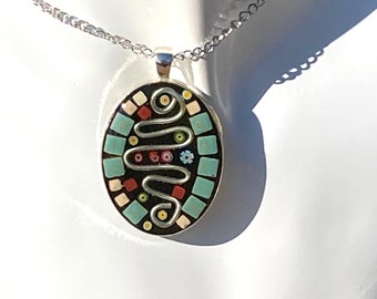 Collier pendentif en mosaïque bleu, bijou mosaïque et verre de Murano fait main en France, idée cadeau femme Noël anniversaire amie