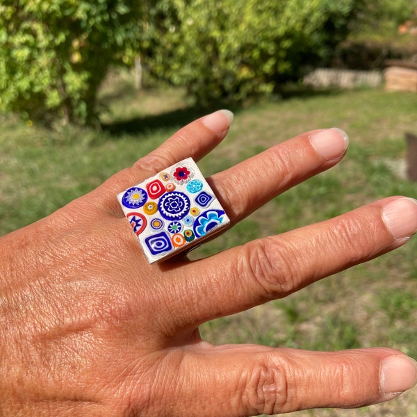 Grosse bague fantaisie réglable en mosaïque, bijou mosaïque de verre Murano fait main en France, idée cadeau femme Noël anniversaire amie