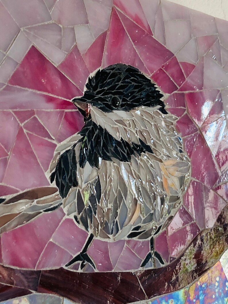 Tableau oiseau en mosaïque de verre Tiffany, décoration murale dart pour la maison fait main en France, idée cadeau femme Noël anniversaire image 1