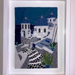 Santorini wall art mosaic painting, handmade home decoration in France, gift idea Christmas birthday woman friend wedding