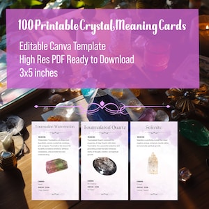 100 Printable Crystal Meaning Cards Set | Editable Canva Template for Crystal Enthusiasts, Healers, and Collectors