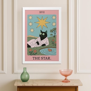 Whimsical Cat Tarot Vertical Poster, Framed Art, Cat Tarot the Star, Home Decor, Art Print, Gift for Cat Lovers, Cat Moms, and Tarot Lovers