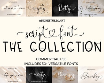 Script Font Bundle, 30+ Handwritten Font with Tails, Wedding Font, Modern Font, Display Font, Cricut Font