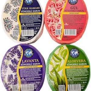 Puede incluir: Cuatro jabones redondos de 120g cada uno, con aromas de baño turco, rosa, lavanda y aloe vera. El embalaje colorido muestra la marca y los ingredientes. Medidas en gramos.