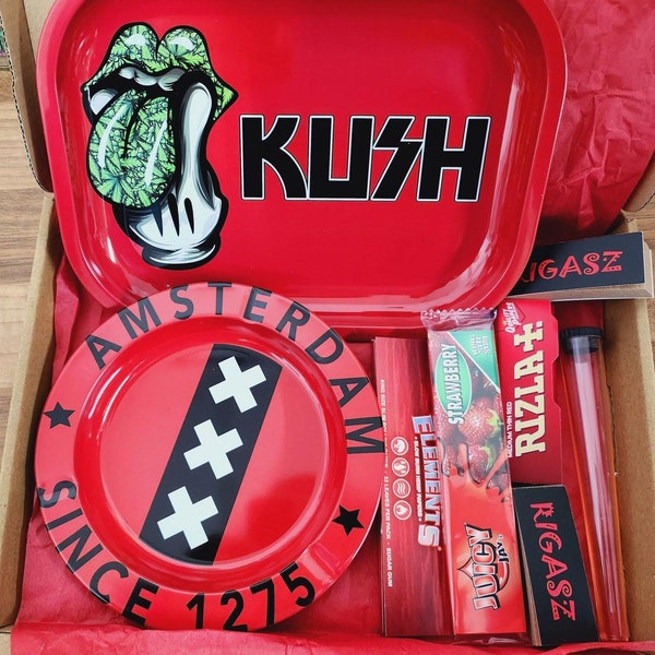 Red Metal Rolling Tray Gift Set