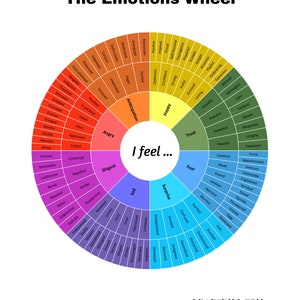 May include: A colorful wheel with the words "The Emotions Wheel" at the top. The wheel is divided into 12 sections, each representing a different emotion. The emotions are listed in a circle around the wheel, with the words "I feel..." in the center. The emotions are: anticipation, happy, trust, fear, surprise, sad, disgust, anger, contempt,  and  sad.