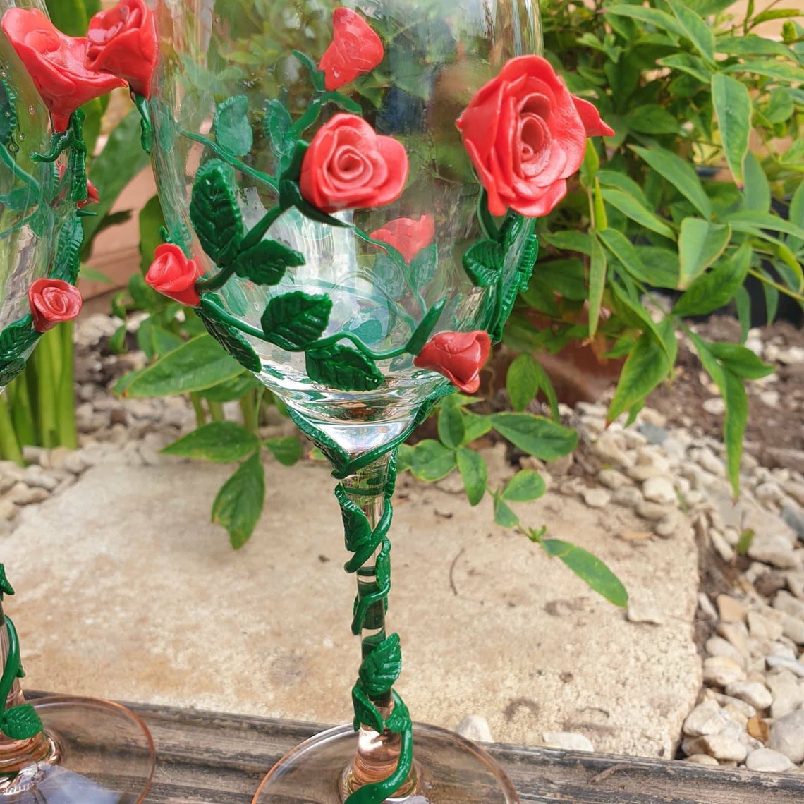 2 Rose decorated wine glasses Etsy