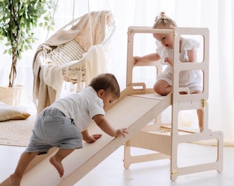 Montessori Tower, Toddler Tower Slide, Toddler Tower, 3 in 1 Tower, Foldable Learning Tower with Slide, Kitchen Step Stool, Helper Stool