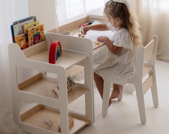 Adjustable Wooden Kids Desk and Chair Set – Montessori Study Furniture for Toddlers – Learning Table for Playroom, Nursery and Art Activity