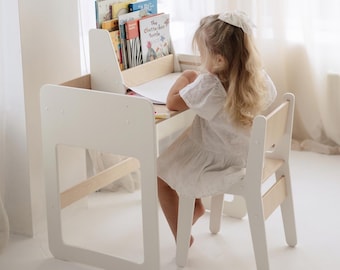 Adjustable Toddler Table and Chair Set – Wooden Montessori Furniture – Kids Study Desk with Storage – Playroom Learning Table Set