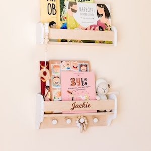 Nursery Bookshelf with Hooks, Kid Bookshelf, Floating Shelf, Toddler Toy Storage, Montessori Shelf, Wall Mount Bookshelf, Kids Bookcase