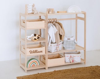 Large Toy Shelf + Wooden Clothing Rack, Montessori Wardrobe, Wooden Shelf, Montessori Regal, Toy Shelf, Nursery Furniture, Toy Storage