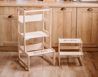 Set of 2 Items: Kitchen Tower + Step Stool, Toddler Tower, Kitchen Step Stool, Montessori Furniture, Montessori Tower, Tower Helper