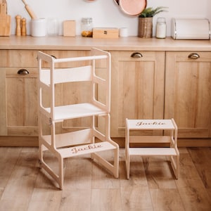 Set of 2 Items: Kitchen Tower + Step Stool, Toddler Tower, Kitchen Step Stool, Montessori Furniture, Montessori Tower, Tower Helper