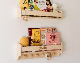 Wall Mount Nursery Bookshelf, Montessori Bookshelf, Nursery Bookshelf with Hooks, Kid Bookshelf, Montessori Furniture, Kids Bookcase