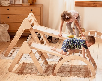 Montessori Climber Set, Foldable Climb Triangle + Climbing Arch + Wooden Ramp, Toddler Climber, Montessori Furniture, Toddler Gym