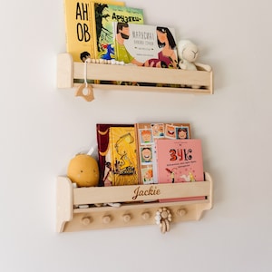Wall Mount Nursery Bookshelf, Montessori Bookshelf, Nursery Bookshelf with Hooks, Kid Bookshelf, Montessori Furniture, Kids Bookcase