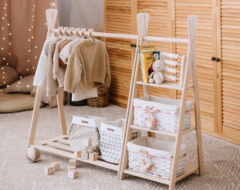 Toy Storage + Montessori Wardrobe, Wooden Clothing Rack, Toy Shelf, Nursery Furniture, Wooden Shelf, Montesori Furniture, Nursery Shelf