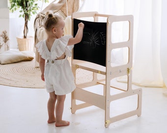 Montessori Tower with Chalkboard, Toddler Tower, Montessori Tower, Tower Helper, Step Stool, Lernturm, Chalk Tower, Montessori Furniture