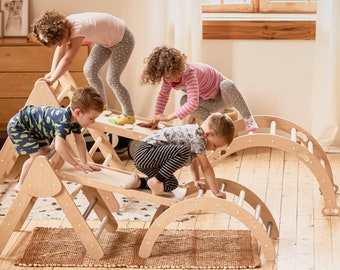 Kletterdreieck 3er Set, Kletterrampe + Bogen + faltbares Dreieck, Indoor Spielplatz, Dreieck mit Rampe, Montessori Möbel