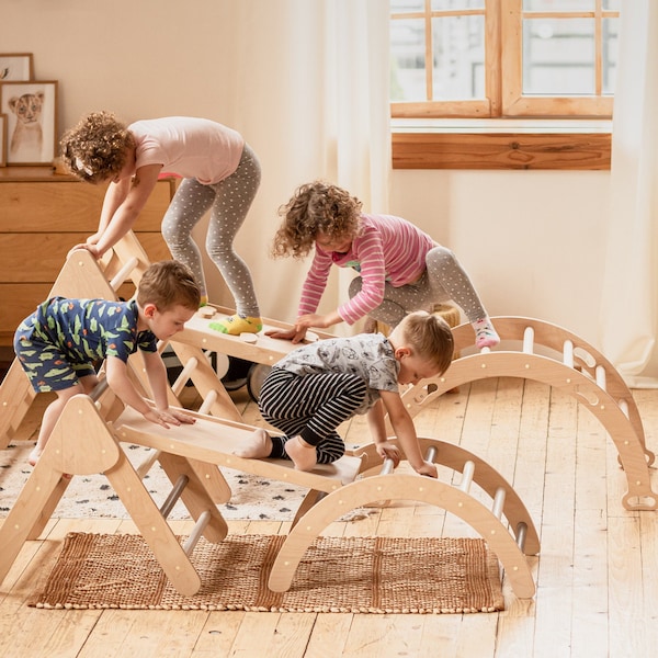 Kletterdreieck 3er Set, Kletterrampe + Bogen + faltbares Dreieck, Indoor Spielplatz, Dreieck mit Rampe, Montessori Möbel