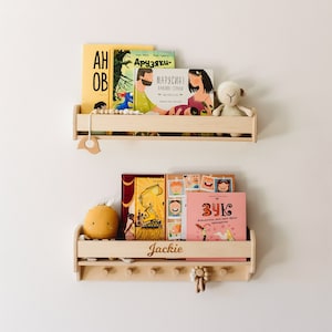 Nursery Wall Mount Bookshelf, Kids Bookshelf, Childs Shelf with Hooks, Kids Bookcase, Montessori Furniture, Nursery Bookshelf with Hooks