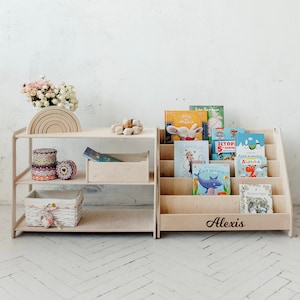 Set van 2 planken: kleine speelgoedopberger + grote Montessori-boekenplank, kinderboekenplank, Montessori-speelgoedplank, Montessori-meubels, Montessori-plank